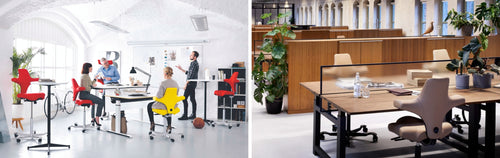 Side-by-side comparison of a designer working at a traditional desk versus an adjustable standing desk