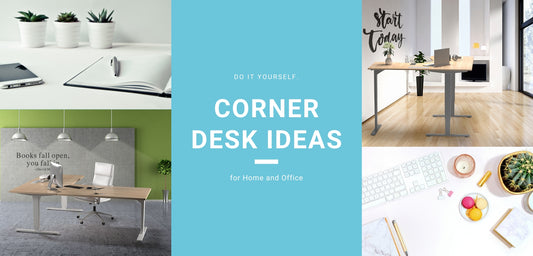 Photo of the corner desks and office tools. In the center of banner text "Corner Desk Ideas" 
