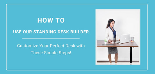 Image of a young girl and text "How to use our Standing Desk Builder on Progressive Desk" on blue background 