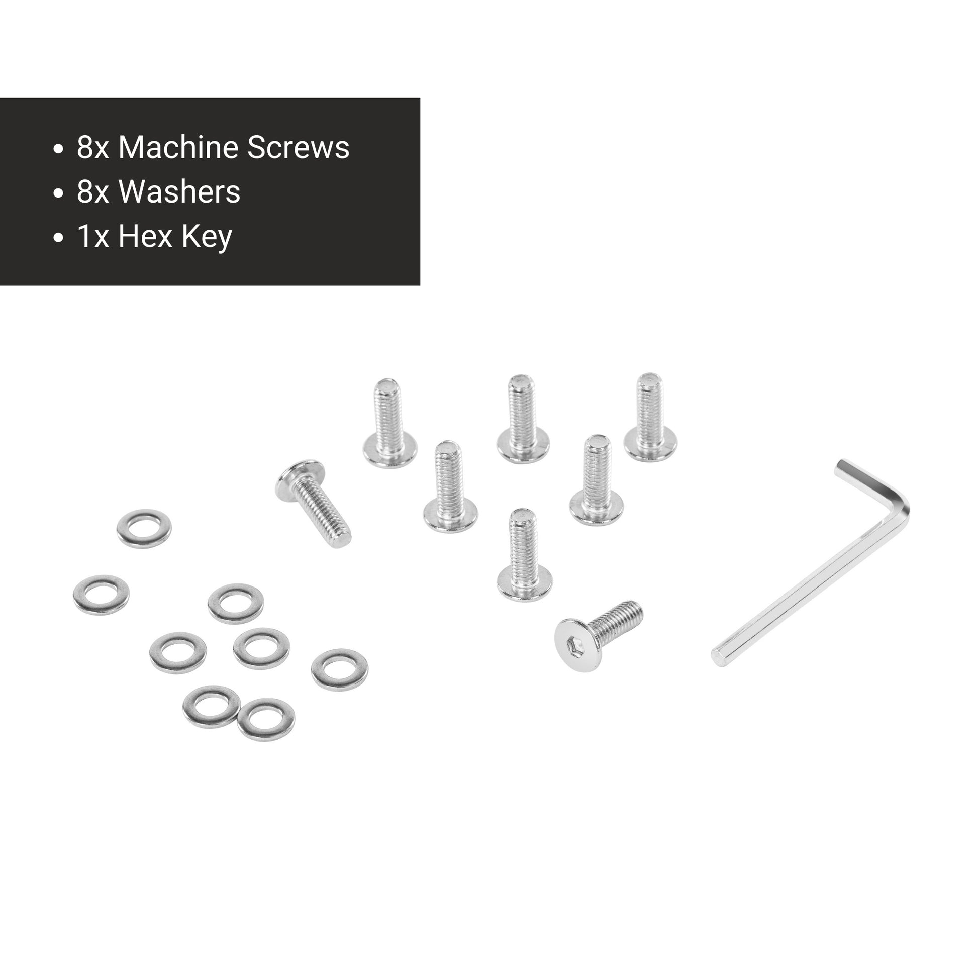 Black metal screws, washers, hex key, and other hardware components shown against white background